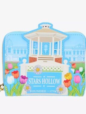 NWT Loungefly Stars Hollow Gazebo tulips & daisies Blue Floral Zip Wallet